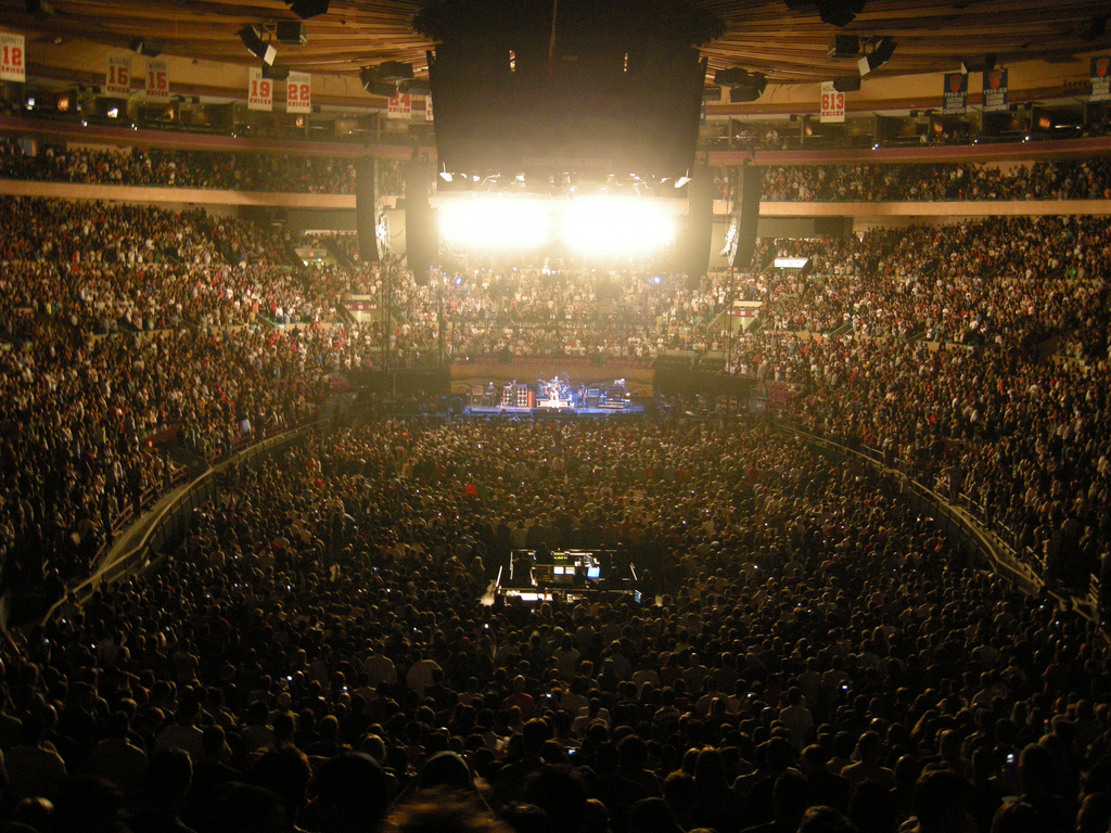 A packed arena crowd at a Pearl Jam concert