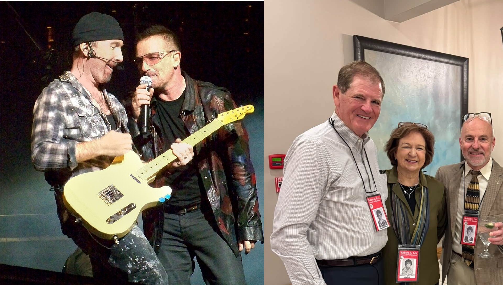 The Edge and Bono sharing a microphone on stage, beside three classmates smiling at a 50th high school reunion.
