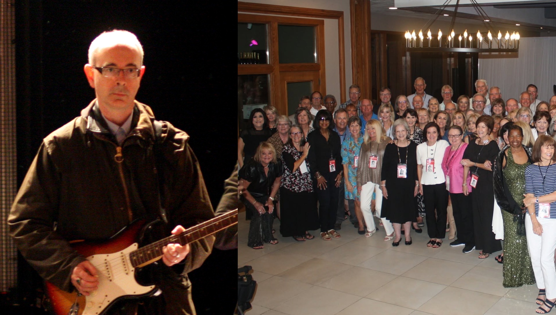 Dik Evans playing a sunburst Fender guitar on stage in 2011, beside the class of 1976 gathered for its 50th reunion photo.