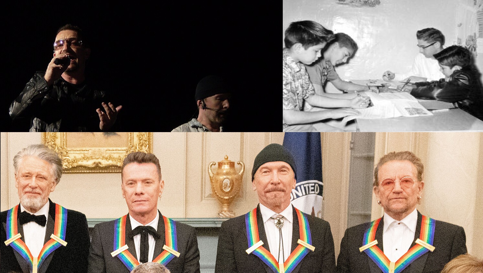 Bono singing beside the Edge, a 1950s Sunday School class of boys bent over their lessons, and the 4 members of U2 at the 2022 Kennedy Center Honors.
