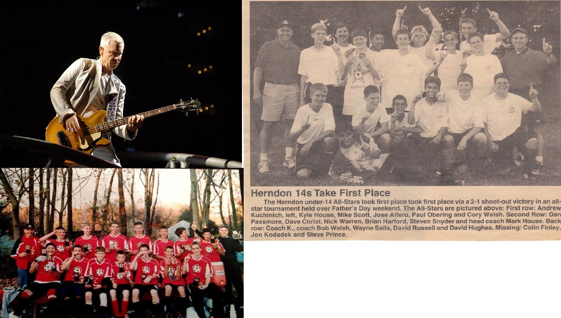 Adam Clayton playing a gold bass on stage, beside a youth soccer team in red holding trophies and a newspaper photo of the Herndon under-14 All-Stars after their win.