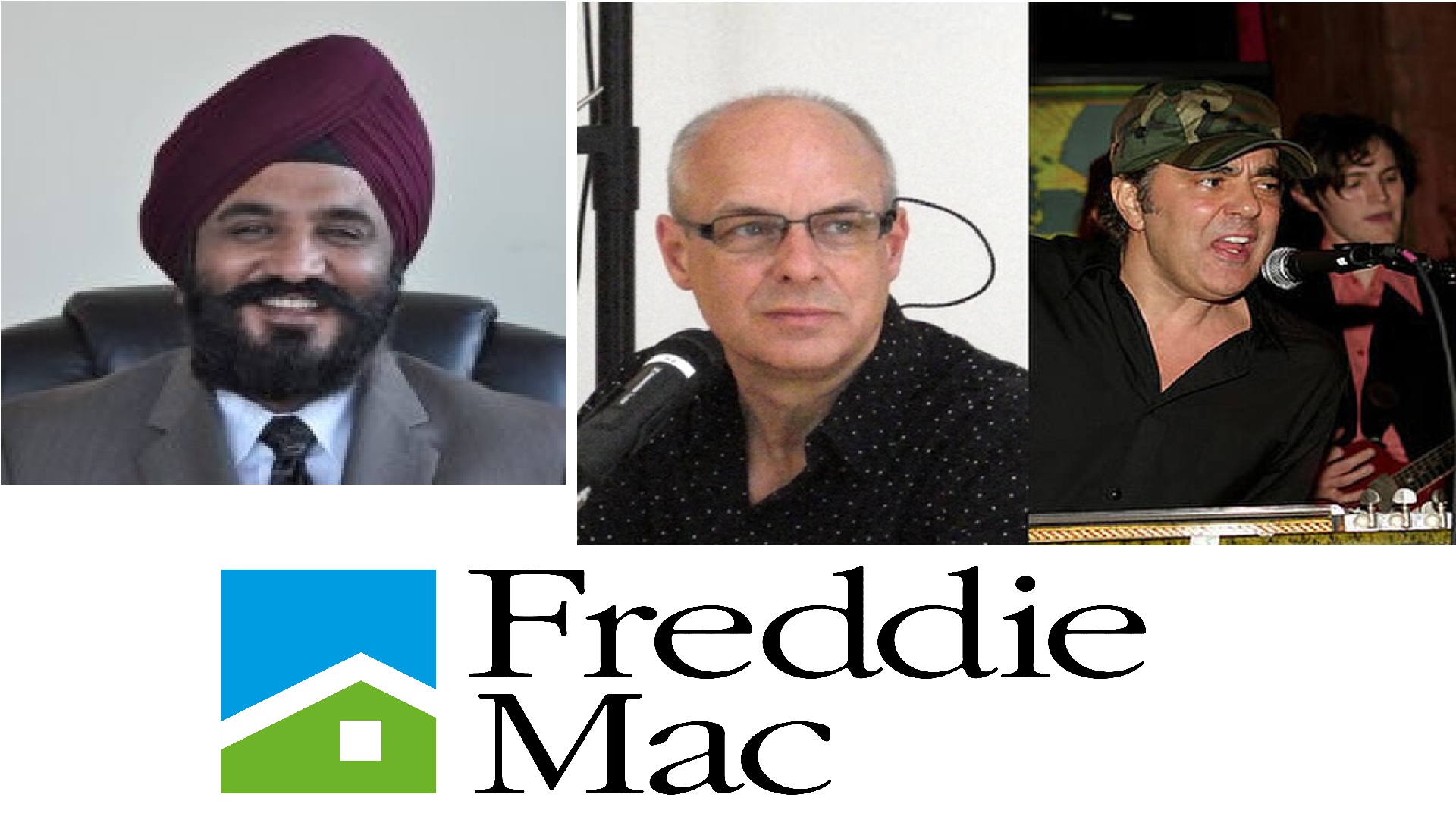 Charanjiv smiling in a suit and turban, beside Brian Eno and Daniel Lanois, above the Freddie Mac logo.